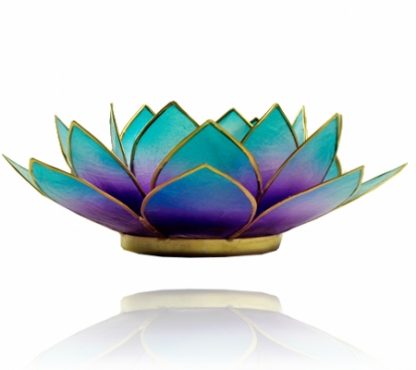 Lotus waxine-sfeerlicht van paars-blauwe capiz-schelp met gouden randen en voet